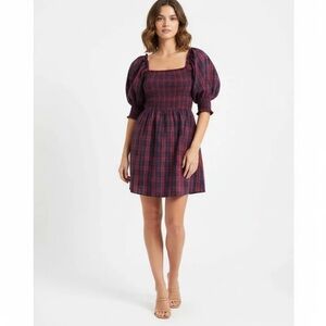 Red Navy Plaid Smocked Puff Sleeve Mini Dress